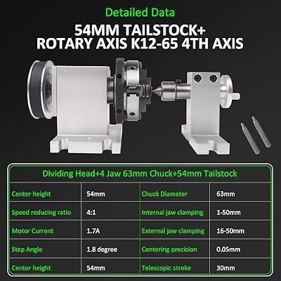 RATTMMOTOR K12-65mm Type Rotary Table with 54mm Tailstock, Reducing Ratio 4:1 CNC 4th-Axis A-Axis Rotation-Axis, Indexing Head+K02-63mm 4 Jaw Chuck+Nema17 Stepper Motor for CNC Router Engraver Machine