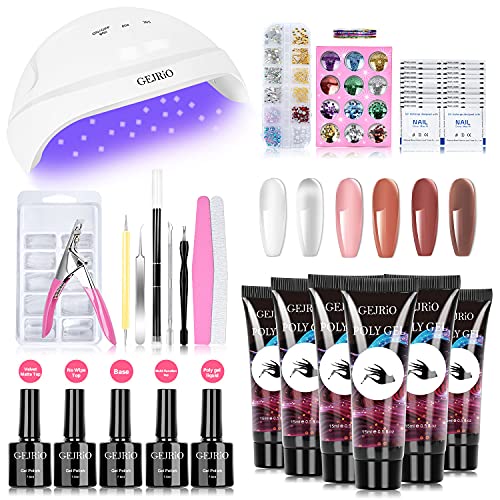 GEJRIO Poly Gel Nail Kit with UV Lamp, Poly Gel Kits with 6 Colors, Gel Base and Top Coat, Nail Art Supplies, All in One Extension Builder Gel for Nails for Professional and Beginner DIY at Home