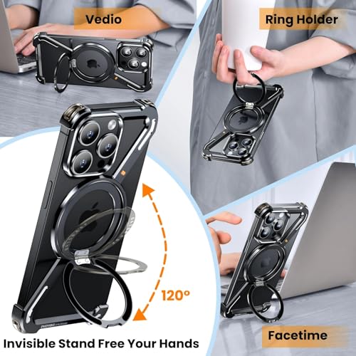 Coque en métal iPhone 14 compatible MagSafe béquille rotative 360° - 3