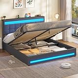 AOGLLATI 5ft King Ottoman Bed Frame 150×200 cm with Charging Station and LED Lights, Upholstered Platform Bed frame with Under-bed Storage and Storage Headboard, No Box Spring Needed, Dark Gray Linen