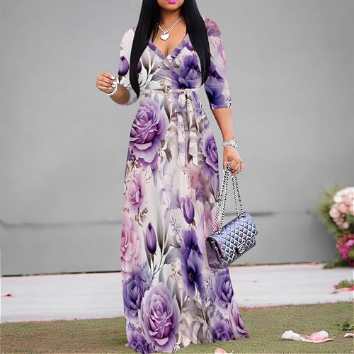 Plus Size Dresses for Women Floral Print Maxi Dress Flowy 3/4 Sleeve with Belt4