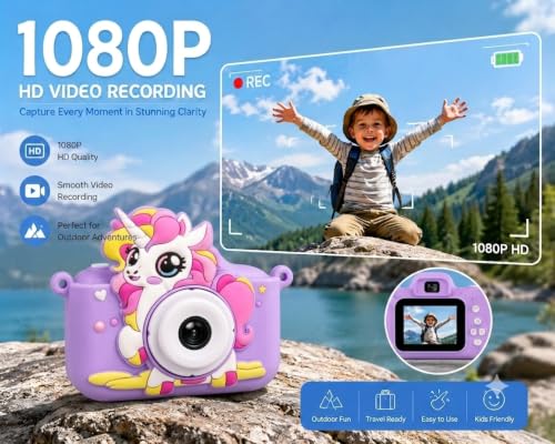 Image of Cason Mini Digital Camera for Kids1080P HD,Camera with Dual Cameras,Rechargeable with SD Card, Real Toy Camera with Games,Birthday Gift for Kids for 5-12 Years Kid (Unicorn)