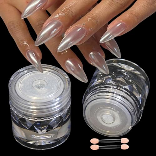 2Pcs White Chrome Nail Powder Moonlight Pearl Powder for Nails Magic Clear Pearlescent Aurora Mirror Effect Gel Nail Glitter Powder Nails Art Design