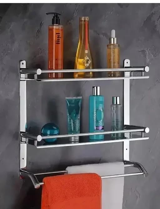 Image of EVANEX 3-Layer Bathroom Shelf 304 Grade Stainless Steel Bathroom Organizer Racks and Shelves | Bathroom Storage Shelf with Towel Bar | Wall Mount Multipurpose Shelf | Bathroom Accessories Set