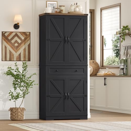 hefoths Buffet Cuisine, 180 cm Armoire Cuisine Rangement avec 4 Portes et 1 Tiroir, Vaisselier Haut pour Salle à Manger, Couloir, Salon, Noir, 180×75×39 cm