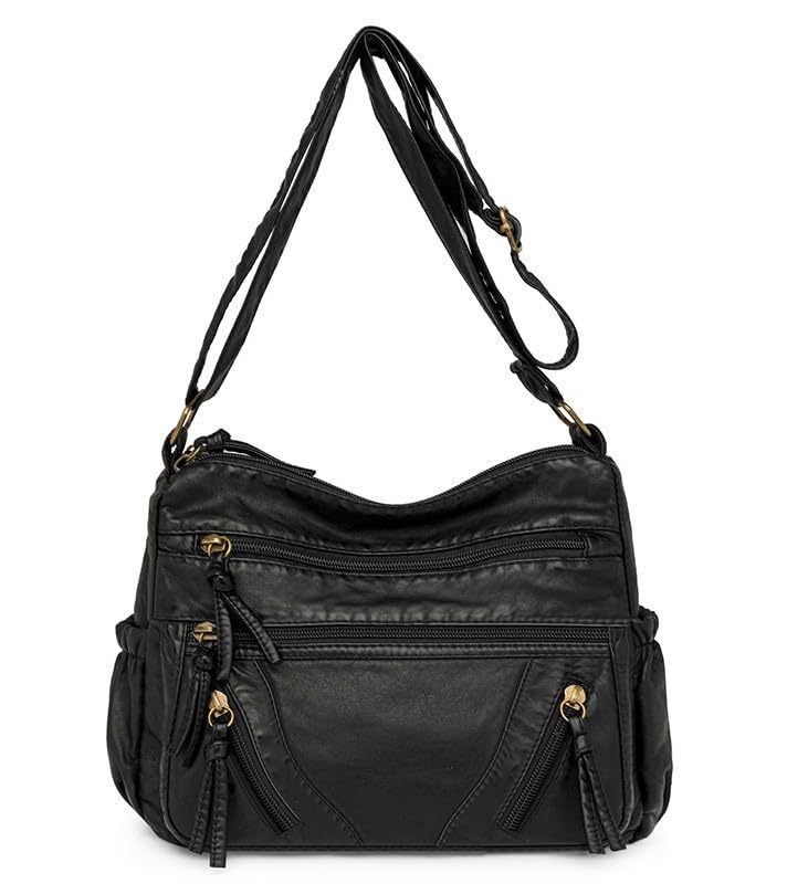 Black Washed Vegan Leather Crossbody Shoulder Bag for Women-image-31