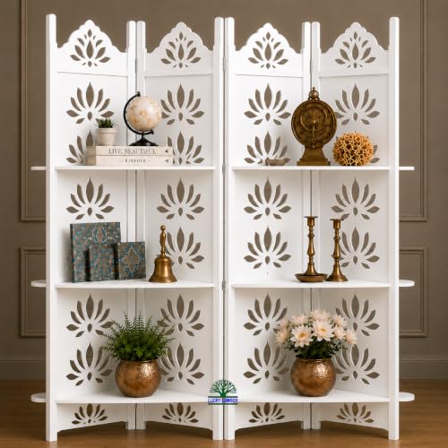Image of Wooden Room Divider Partition with Display Shelves for Living Room | Foldable 4 Panel Decorative Privacy Screen Separator for Home, Office & Bedroom | (White with Shelves)