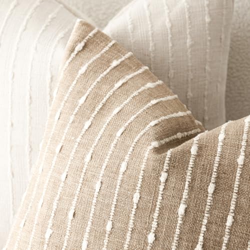 Image of Foindtower Pack of 2 Decorative Jacquard Boucle Throw Pillow Covers Accent Textured Striped Pillowcases Cozy Modern Cushion for Couch Sofa Bedroom Living Room Home Decor 18x18 Inch Camel