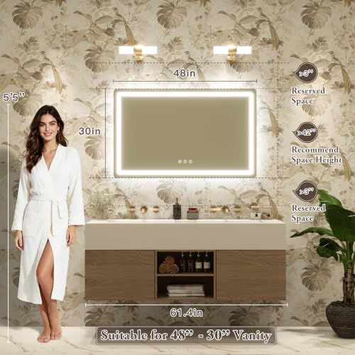 Image of 48 inch x 30 inch Led Bathroom Mirror with Lights, Anti-Fog & Tri-Color Lighting - Wall Mounted Shaving Mirror with Touch Sensor, Waterproof & Smart LED Vanity Mirror,Tempered Glass, Dimmable Smart Mirror