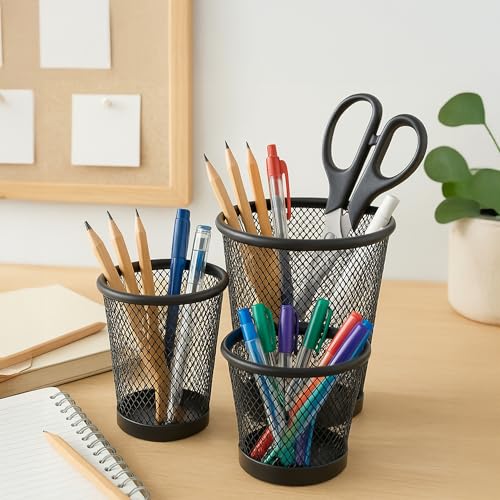 Image of The Better Home Set of 3 Pencil Holders | Metal Made Clip Holder Paint Brush Holder Pen Stand | Study Table Accessories for Kids Home Office Artists | Desk Organizer Metal Mesh Design | 3 Pack