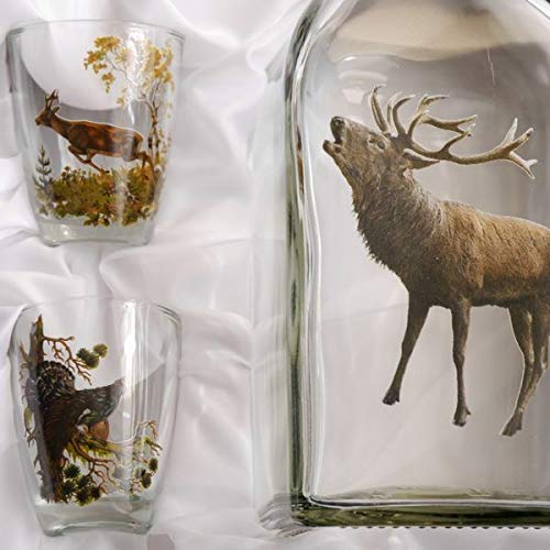 GTK - Geweihe & Trophäen KRUMHOLZ 7 teiliges Schnaps Gläser Set + Karaffe mit Jagddekor Hirsch farbig