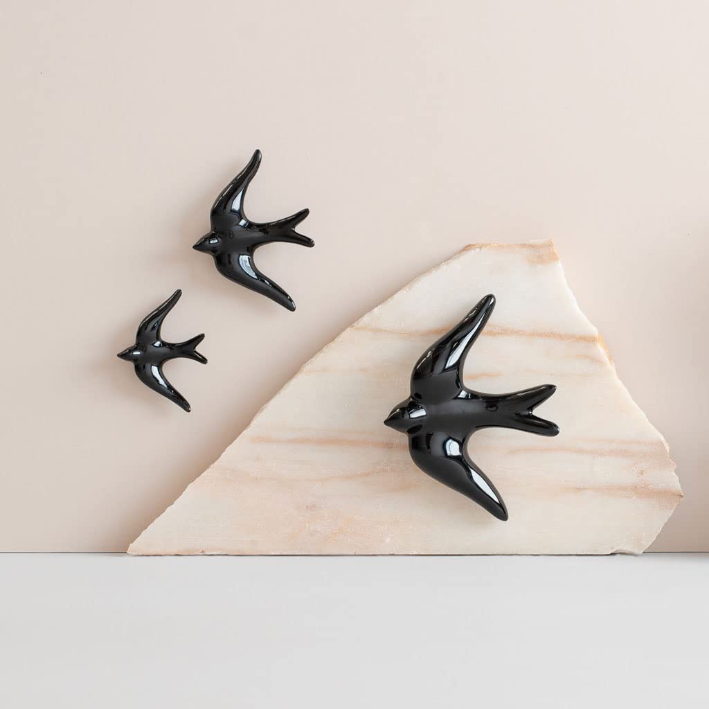 3 Hirondelles En Céramique Pour Décoration Murale - Faites Main, Couleur Noire - Symboles D'amour Et Famille