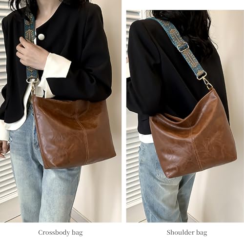 Image of Hobo Crossbody Bags for Women Vegan Leather Crossbody Bag Guitar Strap Purse Shoulder Bucket Bag Boho Tote Handbags Dark Brown
