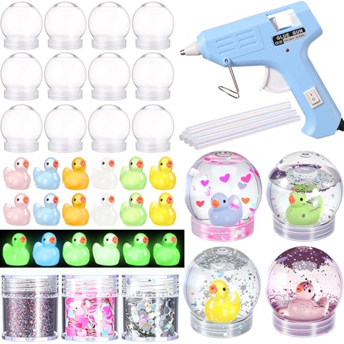 Fiwochic 12 Sets DIY Duck Snow Globe Kit for Kids 12 Globe Bottles Glow in The Dark Duck Figurines Glitter Sequins & Mini Hot Glue Gun Summer Craft Activity Set Birthday Party Favor