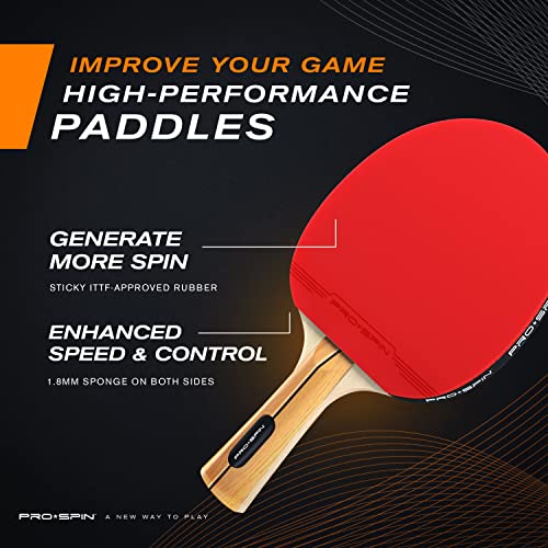 PRO-SPIN Palas de Ping Pong, Set de Alto Rendimiento - Palas de Tenis de Mesa, Pelotas de Ping Pong 3*, Caja de Almacenamiento - Set de 2 Palas de Ping Pong - Mesa de Ping Pong Exterior, Interior