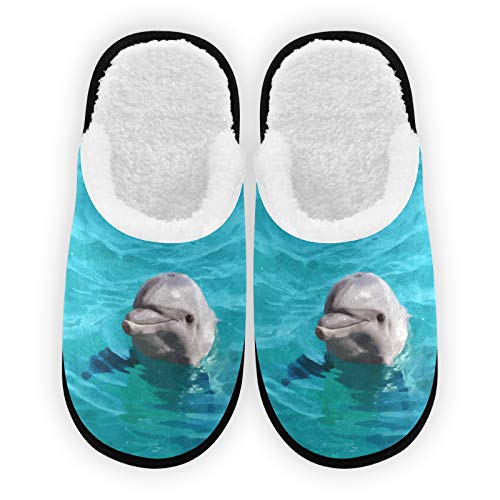 Herren Damen Hausschuhe Meer Delfin Niedlich Plüsch Futter Komfort Warm Korallen Fleece Damen Hausschuhe für Indoor Outdoor Spa