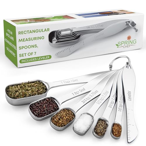 Spring Chef Stainless Steel Measuring Spoons Set of 7 with Leveler, Rectangular Metal Teaspoon & Tablespoon Measuring Spoons for Dry & Liquid Ingredients - Nesting Kitchen Gadgets For Baking & Cooking