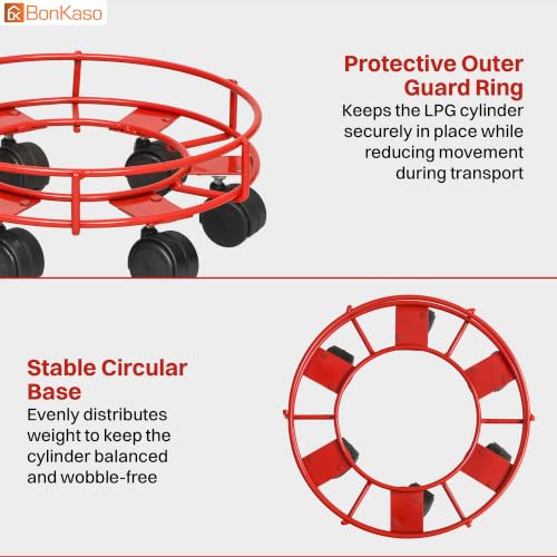 Image of Bonkaso 6-Wheel LPG Cylinder Trolley for Kitchen Gas Cylinder, Heavy-Duty Alloy Steel Stand with 360 Swivel PP Casters, 50 kg Load Capacity, Powder-Coated Red Finish for Home & Commercial Use