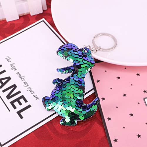 Qtkj Cute Reversible Mermaid Glitter Pompom Sequins Dinosaur Pendant Keychain Key Chain For Women Car Bag Accessories Key Ring (Green) #TOP5