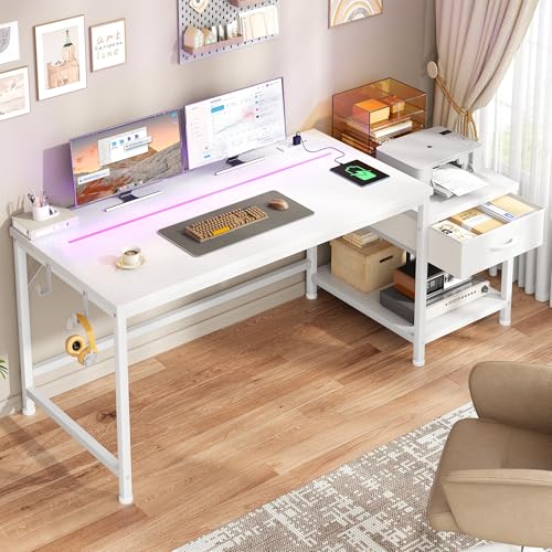 Image of DurayLoly 48 inch White Office Desk with Printer Shelf for Teens Bedroom & Dorm | Study Desk with Printer Shelf, Storage Drawers & Hook; Store Printer, Stationery and Accessories for Small space, White