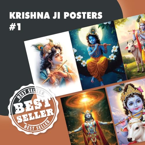 Image of Krishna ji Devotional Wall Posters, Premium 300 GSM, HD Quality, Matte Finish, 22x32 cm, Set of 5 with Glue Drops