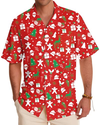 VVNTY Mens Christmas Shirt Xmas Button Down Shirts Funny Printed Short Sleeve Party Holiday Top (Red1 M)