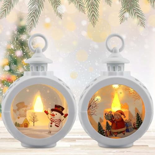 2 Stück LED Weihnachtsdeko Laterne, 12x8,5 cm Aufhängen Leuchtende Weihnachtslaterne, Runde Leuchtende Weihnachtslaterne mit Batteriebetrieben für Weihnachten Deko Innen Außen(Weiß)