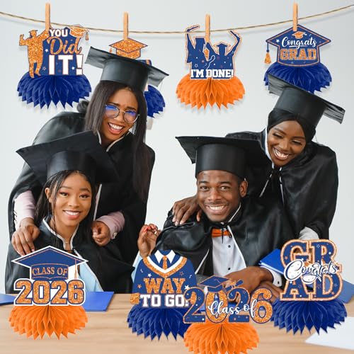 Image of 12pcs Graduation Table Decorations,Orange and Blue Graduation Decorations Graduation Centerpieces for Tables Class of 2026 Centerpieces Honeycomb for 2026 Congrats Grad Table Decor (Orange and Blue)