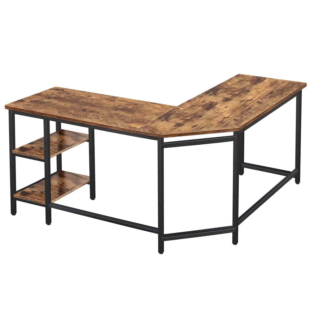 BAKAJI Scrivania Angolare a L, con Libreria 2 Ripiani, Tavolo da Lavoro Porta Pc Computer, Struttura in Metallo Nero e Piano in Legno Effetto Anticato Arredamento Ufficio Design Stile Industriale
