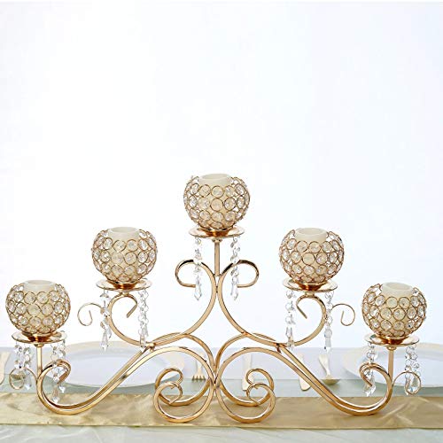 Efavormart 5 Arm 16" Crystal Chandelier Gold Metal Horizontal Table Standing Candelabra Wedding