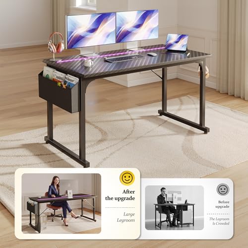 Image of DurayLoly 48 inch Gaming Desk with Waterproof LED Lights, Carbon Fiber Desktop for Small Spaces | Home Office Study Computer Desk with Storage Bag & Headphone Hook, Black