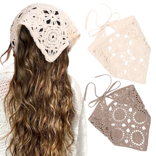 HAIMEIKANG Crochet Hair Bandanas for Women Knit Head Scarf Bandana Headband Scarf Tie-Back Floral Headscarf for Girls(White+Coffee)