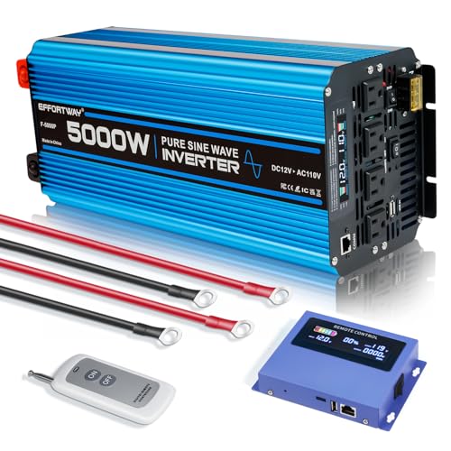 5000W Pure sine Wave Inverter DC 12V to AC 110V/120V Converter 10000w (Peak) with LCD Display Wireless/Wired Remote Control 4AC outlets 4USB and Hardwired AC.Ideal for RV Travel Off-Grid Solar Systems