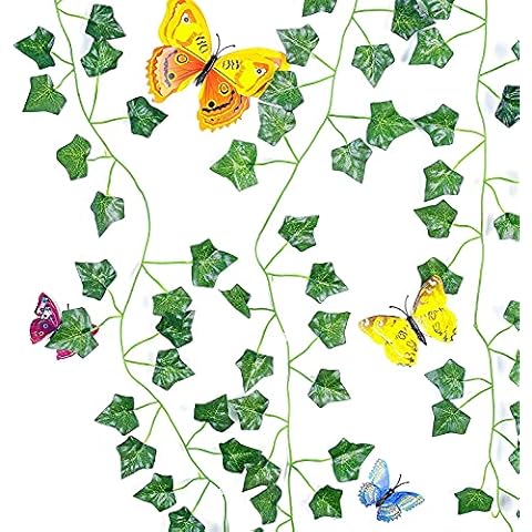BKSAI Artificial Ivy Garlands 12 Pack 82FT with 12 PCS Butterfly Wallstickers Ivy Fake Plants Artificial Hanging Plants Outdoor Indoor Vine Wall Décor Garten Party Home Bedroom Cover