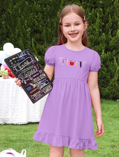 ODASDO Girls Back to School Dress Apple Pencil Embroidered Short Sleeve Ruffle Swing Twirly Dress Summer Outfit3