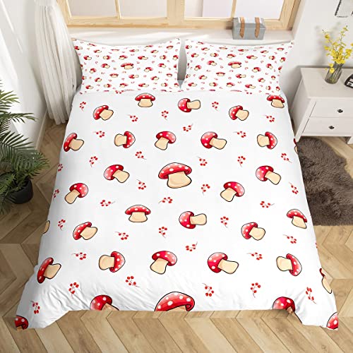 Mushroom Decor Duvet Cover Cute Mushrooms Bedding Set for Kids Boys Girls Teens Kawaii Cartoon Fungus Botanical Plants Decor Comforter Cover Red White Bedspread Cover with 1 Pillow Sham,Single Size