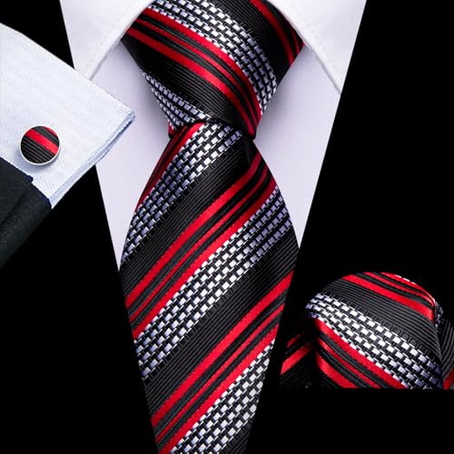 Image of Barry.Wang Designer Classic Ties for Men Set Formal Pocket Square Cufflink Check Plaid