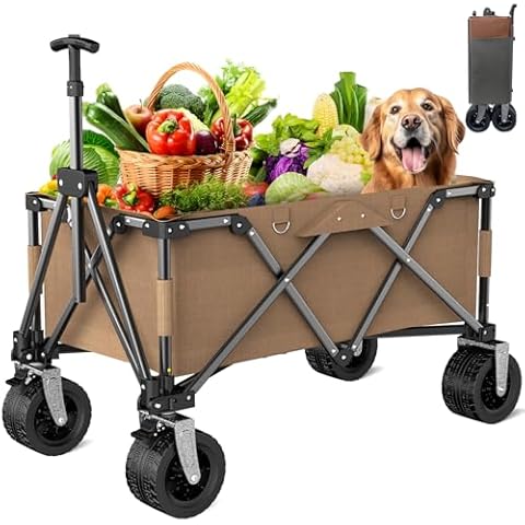 IKARE Heavy Duty Folding Wagon Cart with 330lbs Large Capacity, Portable Outdoor Beach Wagon, Utility Camping Garden Cart with All-Terrain Removable Wheels, Adjustable Handle, Built-in Double Bearing Cover
