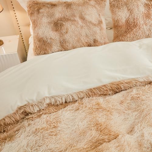 EMME Plüsch Bettwäsche Set 220x240cm Biber Flauschige Bettdecke Set für Bett Shaggy und Plüsch weiche Bettwäsche Bettbezüge und 2 Kissenbezug 80x80cm, Tie Dye Braun