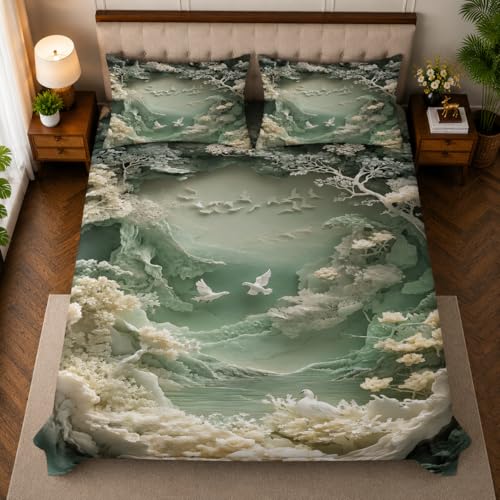 Image of 7D Digital Printed King Size Bedsheet with 2 Pillow Covers | Soft Premium Cotton Feel Microfiber Double Bed Bedsheet | Wrinkle Free & Fade Resistant | (Greenmulti2, KingSize-225x250CM)