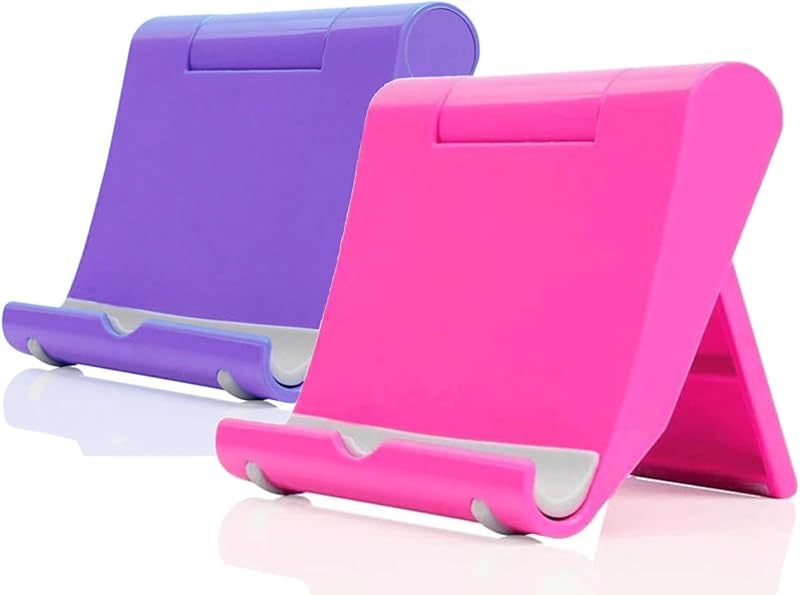 Soporte para teléfono celular para escritorio, paquete de 2 soportes para teléfono celular, soporte para tableta de escritorio, base plegable para teléfono, soporte universal ajustable para tableta para escritorio (rosa + morado) | Base celular ajustable plegable, soporte de mesa Universal, soporte de escritorio multiángulo Compatible con teléfonos inteligentes y mini tabletas