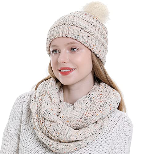 Womens Scarf Beanie Hat With Faux Fur Ball Set Thick Winter Cable Knitted Circle Loop Infinity Scarfs For Women (Mix Beige Pom Pom Set) #TOP4
