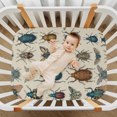 Image of Cartoon Bugs Insect Bettles Crib Sheets Soft Breathable Fitted Baby Crib Sheets Mattress Cover for Girls Boys, 52 inch x 28 inch x 9 inch