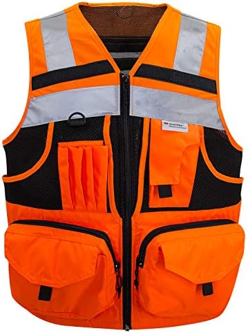 ZUJA 3M Reflective stripes Safety Vest Hi-vis Orange knitted Vest with 10 pockets Bright Construction Workwear for men and women.