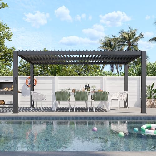 Image of Aoxun Louvered Pergola 10' x 16' 96S Outdoor Metal Pergola with Independent Adjustable Roofs, Built-in Drainage System and Patented Easy-Assembly Design for Patios, Backyards and Gardens