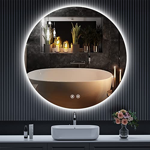 SHUAFA LED Round Bathroom Mirror, 36 Inch Backlit Wall Mounted Bathroom Mirror with Lights, Frameless Vanity Mirror with 3 Color Lights, CRI 95+, Anti-Fog, Shatter-Proof