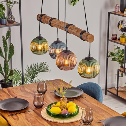 hofstein Suspension Koyoto, à 4 ampoules en métal/bois/verre noir/naturel/ambre/vert/bleu, suspension avec abat-jour en verre, poutres en bois, max. 150 cm,...