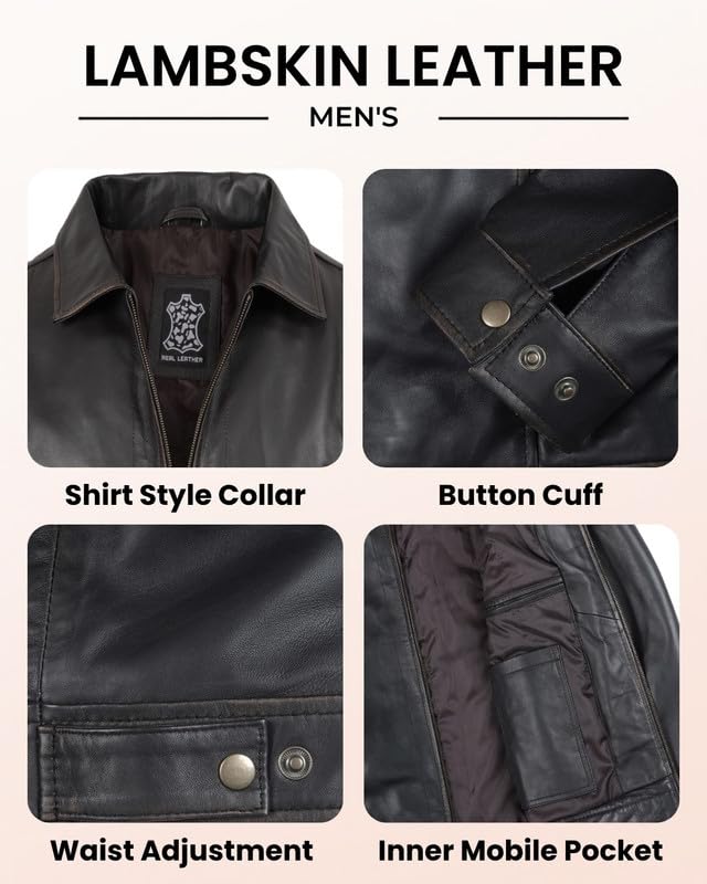 Image of Blingsoul Vintage Distressed Leather Jacket for Men - Shirt Collar Genuine Lambskin Mens Leather Jacket