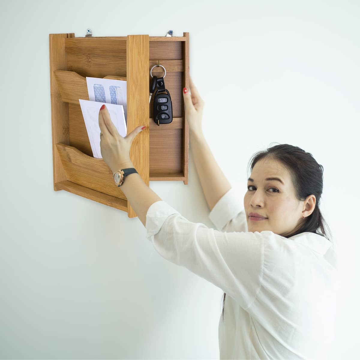 Bamboo Key and Mail Organizer For Wall ( Natural), By Home Basics | Mail Shelf Organizer With 6 Interior Key Hooks | Dual Compartment Small Mail Holder