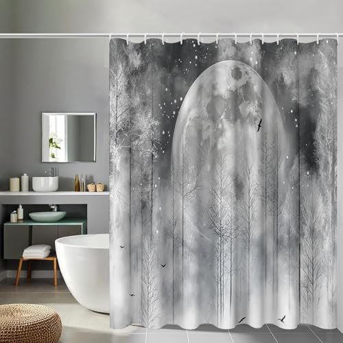 Rideau de douche 180x180 cm lune forêt gris dégradé en polyester imperméable - 2